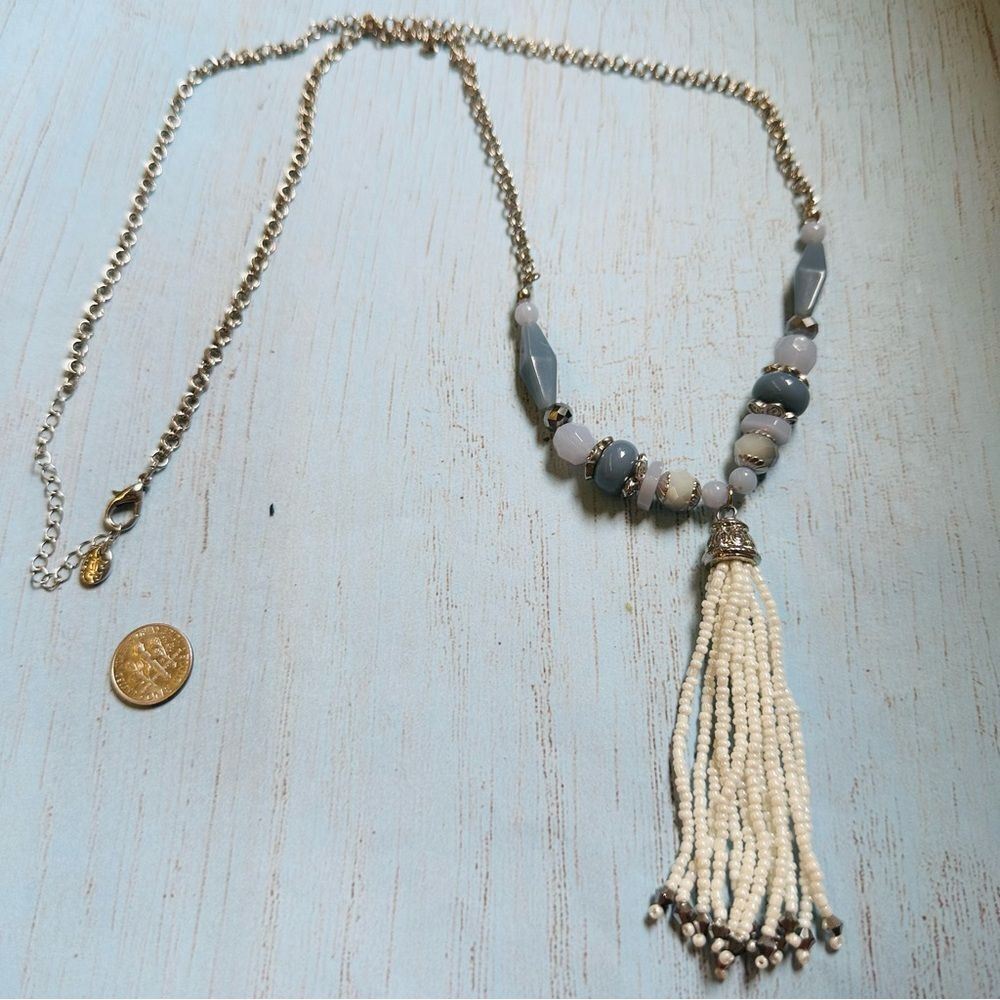 H by Halston‎ Silver Blue White Beaded Tassel Necklace
